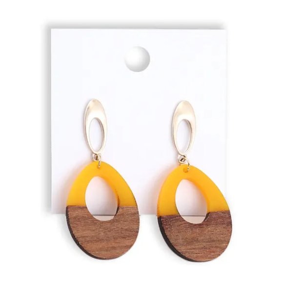 Yellow Wooden Geometric Teardrop Earrings - Acrylic Resin Lightweight Wood - Picture 2 of 4